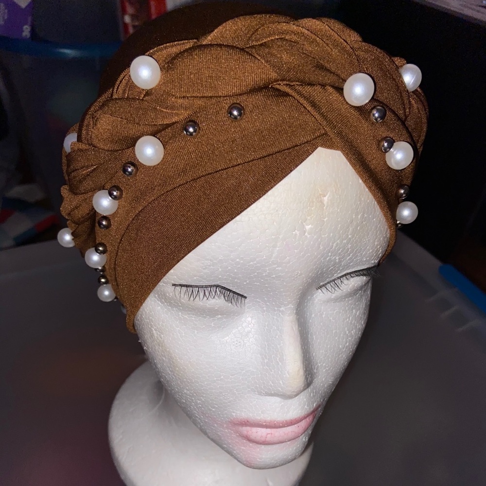 Brown Braided Turban w/ Pearl Beads